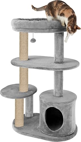 Deluxe Cat Tree Tower, 43 Inch Tall Multi-Level Grey Plush with Sisal Posts, Condo House, Perch Platforms, 19x16x43 Inches (FURR-36) (Grey)