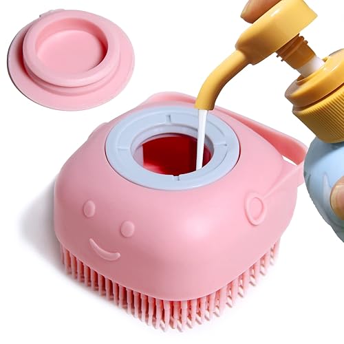 Dog Bath Brush, Pet Massage Brush Shampoo Dispenser, Soft Silicone Brush Rubber Bristle for Dogs and Cats Shower Grooming (Pink)