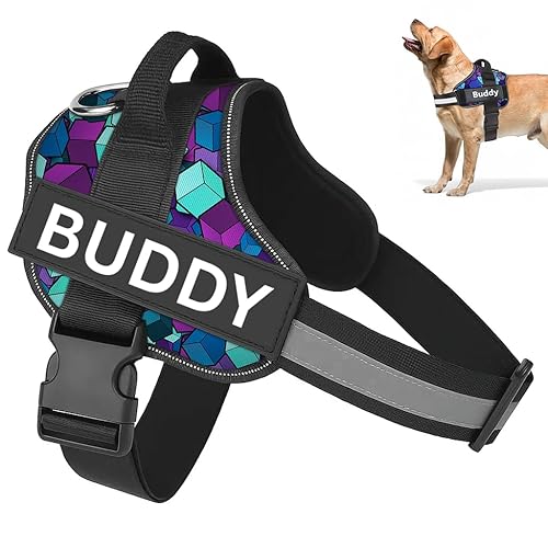 Dog Harness Chest Body Belt for Large Dogs with Easy Control Handle, Breathable Soft Padding, Night Reflective, No Choke Design, Safety Lock Buckle (Blue Diamond, L)