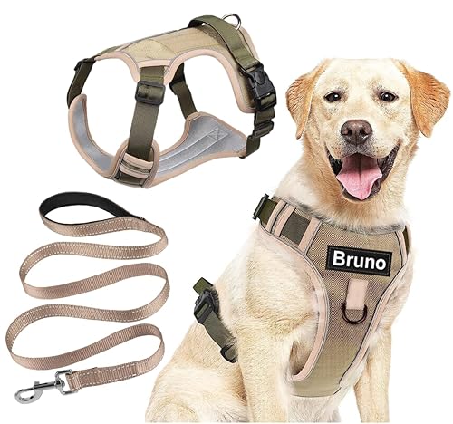 Dog Harness with Name id Customized for Dogs Large Medium Small Puppy All Breeds No Pull Harness Reflective Vest Harness Belt Adjustable Personalized with Dog Name (Beige) (Large Dogs)