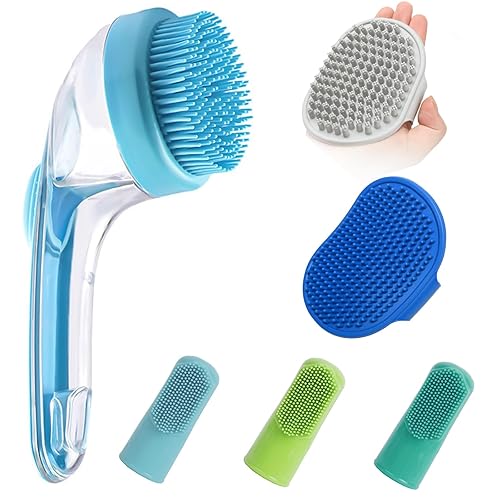 ELEGX Pet Grooming Bath Massage Brush with Soap and Shampoo Dispenser Soft Silicone Bristle for Long Short Haired Dogs Cats Shower (Blue+Grey Blue Massage)