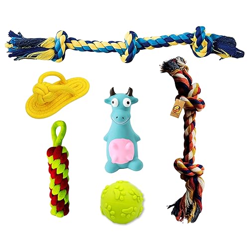 Foodie Puppies 6 in 1 Squeaky and Chew Rope Dog Toy Combo - (2Knot Rope + 3Knot Rope + Slipper + Corn Stick + Claw Ball + Blue Bull) | Chewing, Playing, & Teething for Small Dogs and Puppies