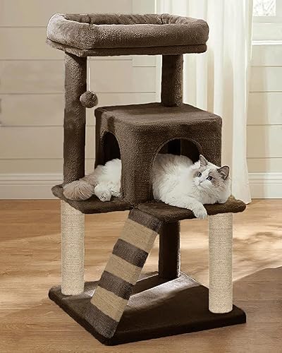 Fur Fabric Cat Kitten Tree | Hanging Toy | Ladder | Jute Rope | Scratching Post (Height 39 Inch) (Brown)