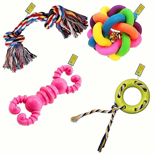 JAINSONS PET PRODUCTS | Set of 3 Dog Chew Toys | Rope, Rubber & TPR | Interactive & Durable | Safe & Non-Toxic Chew Rings & Ropes | Multicolor Toys for Small & Medium Dogs