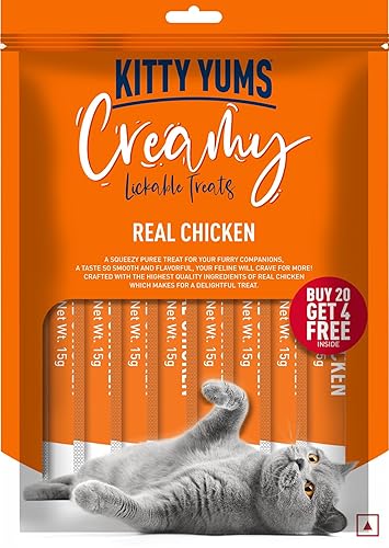 Kitty YUMS Kitten & Adult Creamy Lickable Cat Treats 360g (15g x 24 Pieces) | Real Chicken Flavour | Rich in Protein | Taurine for Heart & Vision | Ideal for Training and Bonding | Promotes Hydration