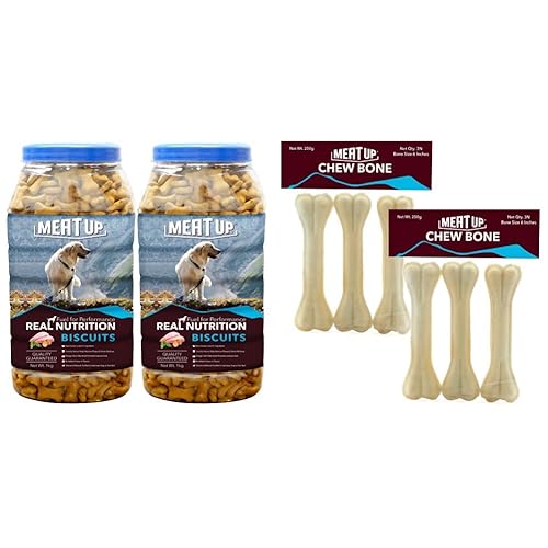 Meat Up Chicken Flavour, Real Chicken Biscuit, Dog Treats - 1kg Jar (BOGO) and Pressed Chew Bones, Dog Treats, 6 inches - Pack of 3 Bones (BOGO)