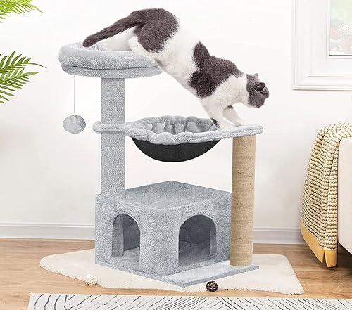 Mellifluous Soft Fur Condo Activity Cat Tree - Jute Rope, Scratching Post, Dangling Toys, Hanging Hammock , Suitable for Cat (Grey, Large) (Condo 16 x 16 Inch) (Height 38 Inch)