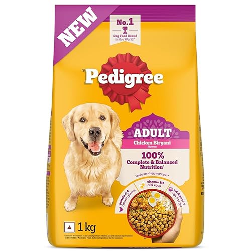 Pedigree Adult Dry Dog Food, New Chicken Biryani Flavour, 1 kg, Protein of 4 Chicken Pieces, Vitamin D3 of 6 Eggs, Calcium of 7 Cups of Yogurt, 100% Complete and Balanced Nutrition​