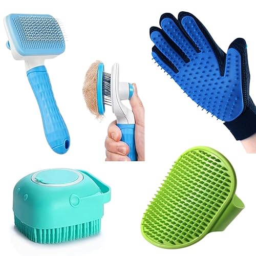Pet Grooming Kit – Slicker Brush, Silicone Shampoo Dispenser, Palm & Glove Brush Dog & Cat Hair Remover, Bath & Massage Tools for Shedding | Puppy & Kitten (combo of 4) (color may Vary)