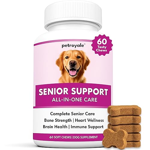Petroyale Senior Support Dog Supplements โ All-in-One Senior Dog Supplements for Mobility, Hip & Joint, Brain, Heart & Eye Health โ Immune Support Vitamins โ 60 Soft Chews for Dogs