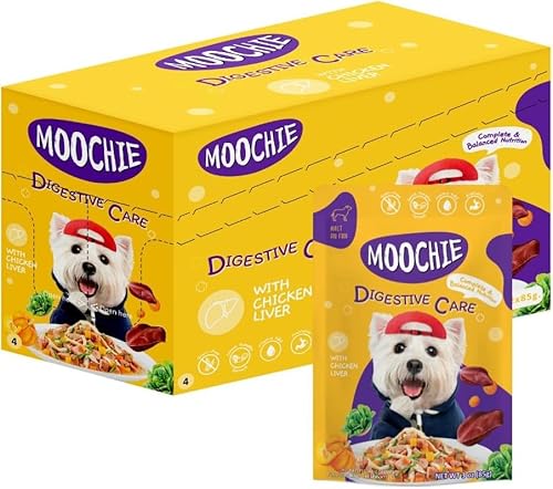 PETS EMPIRE Moochie Wet Dog Food (85g X 12) Grain Free Gavy Meal, Digestive Care with Chicken Liver, Carrot, Pumpkin and Spinach, High Protein Dogs Gravy Foods, Non-Veg Pet Meals for Dogs, Puppy