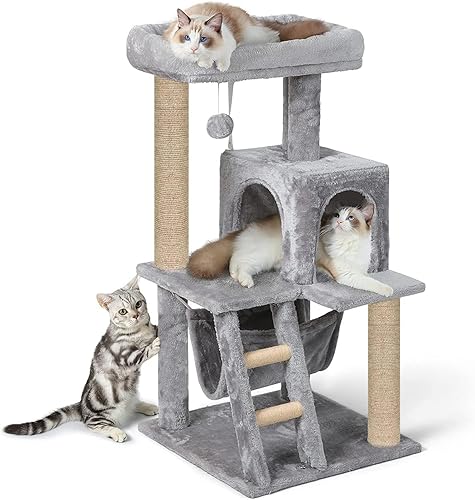 Plush Fabric Playing Kitten Cat Tree - Top Bed | Hammock | Condo | Furry Ball | Climbing Ladder | Jute Rope Scratching Posts (Height 39 Inch) (Grey - FURR-85)
