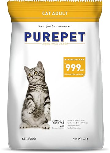 Purepet Adult Dry Cat Food 6kg | Sea Food Flavour | Taurine for Healthy Heart | Healthy Skin & Beautiful Coat | Control Urinary pH | Hair Ball Protection