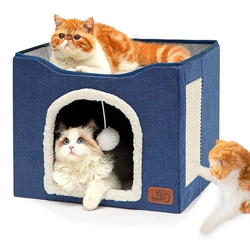 Qpetsยฎ Cat Beds for Cats Large Cat House Cat Cave for Pet Cat House with Fluffy Ball Hanging Toy and Scratch Pad, Foldable Cat House Cat Hidewawy, Blue, 16.5x16.5x14 inches