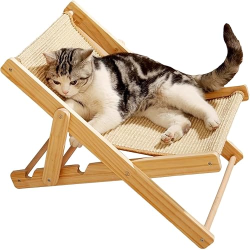 Qpetsยฎ Cat Scratcher & Bed, Adjustable Sisal & Hemp Scratching Chair with Anti-Slip Base Multi-Angle Wooden Lounge for Cats