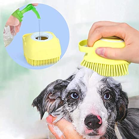 RvPaws Pet Grooming Bath Soothing Massage Brush Shampoo Dispenser, Soft Silicone Brush Rubber Bristle for Dogs and Cats Shower (Yellow)