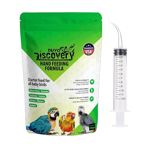 Taiyo Pluss Discovery Hand Feeding Formula - 100 g Pouch + 12 ml Syringe Free Combo | High Nutrition Baby Bird Food with DHA | Supports Bone & Beak Growth | for African Grey, Macaw & Conure Chicks