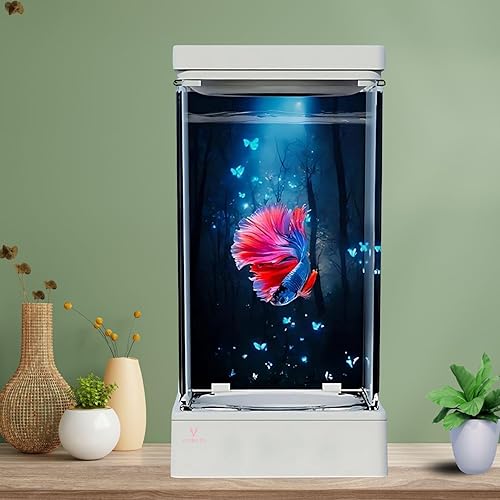 VAYINATOยฎ Transparent Narrow Acyrlic Betta Fish Tank (White) with Multi Color Changing USB LED Light | Easy to Clean and Maintain | Mini Portable Fish Tank (1 Liter Capacity)