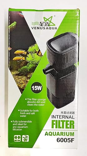 Venus Aqua 3-in-1 Aquarium Filter | Submersible High Power Oxygen Pump | 15W 880L/H Flow | Ultra Quiet Operation | Suitable for Freshwater & Saltwater Fish Tanks | Black Variant 6005F