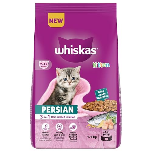 Whiskas Persian Kitten (2-12 Months) Dry Cat Food, 1.1kg, 100% Complete & Balanced Tailor Made Nutrition, Reduces Hairfall, for Healthy Coat & Skin