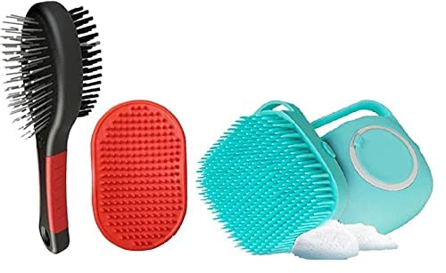 Woofy Pet Grooming Kit Long & Short Hair Brush, Washing Dog Gloves, 2 in 1 Pets Massage Brush, Pet Massage Brush Shampoo Dispenser for Puppies, Hairs Comb for Dogs Combo (Pack of 3) Multicolor